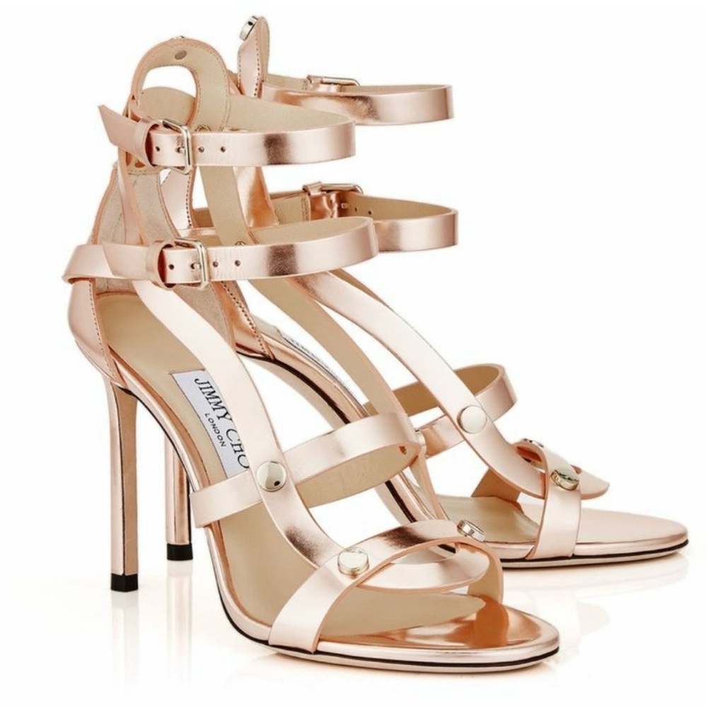 Jimmy Choo Metallic Rose Gold Multi-Strap Stiletto Sandals